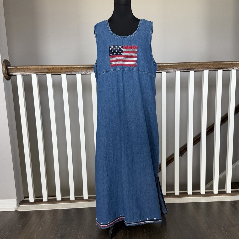 Blue Denim American Flag USA Jumper Dress 24W Plus Embroidered Cottage Coquette